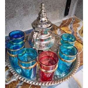 Handcrafted Moroccan Tea, Set of 6 Beldi Glasses, Brass Tea Serving Tray And Five Colored Crystal Glasses.