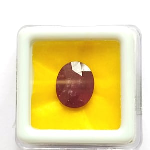 Puede incluir: Una piedra preciosa ovalada de color rojo intenso en una caja de presentación de plástico transparente con un forro de terciopelo amarillo.