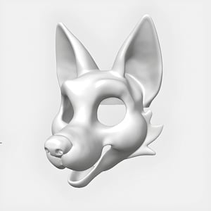 May include: A white, smooth, three-dimensional animal mask featuring pointed ears, a defined snout, and an open mouth. The mask has large, hollow eye sockets and a sculpted nose, designed to cover the upper portion of the face with a canine shape.