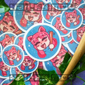 Bonked (with a Bat) Sticker || Holographic, Kawaii, Sparkly, Bonk Meme, Gamer Girl, Twitch, Emote, Cat Girl, Pink Hair