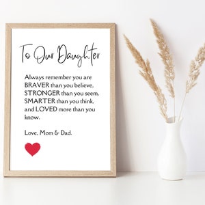 A nuestra hija, poema para hija, recuerda siempre que eres más valiente de lo que piensas, regalo para hija de madre y padre, tarjeta imprimible