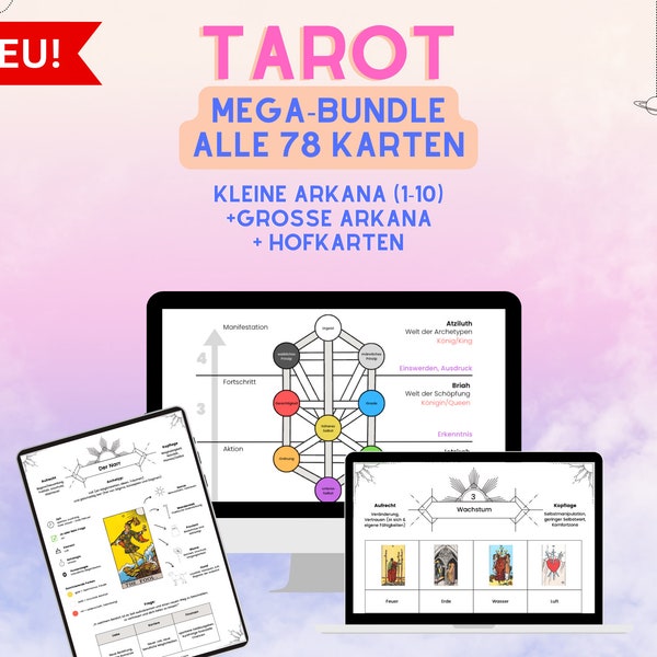 Tarot Mega-Bundle - Study-Workbook auf deutsch, für Anfänger und Fortgeschrittene im Kartenlegen, 57-Seiten PDF, alle 78 Karten, Download