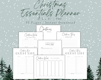 May include: A Christmas Essentials Planner with 12 pages, 8.5 x 11 inches, and instant download. The planner includes a Christmas Week To Do List, Christmas Menu, Christmas Day Timeline, Christmas Eve Guest List, and Christmas Day Guest List.