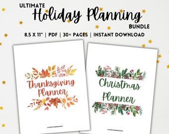 May include: A white paper bundle with the text "ULTIMATE Holiday Planning BUNDLE" and "8.5 X 11" | PDF | 30+ PAGES | INSTANT DOWNLOAD". The bundle includes a "Thanksgiving Planner" and a "Christmas Planner".