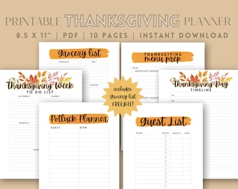 May include: A printable Thanksgiving planner with various pages, including a grocery list, menu prep, to-do list, potluck planner, guest list, and timeline. The planner is 8.5 x 11 inches and includes 10 pages. The design features autumn leaves and orange accents.