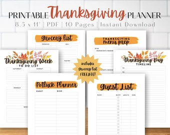 May include: Printable Thanksgiving planner with 10 pages, including a grocery list, menu prep, to-do list, potluck planner, and guest list. The design features autumn leaves and orange accents on a white background.