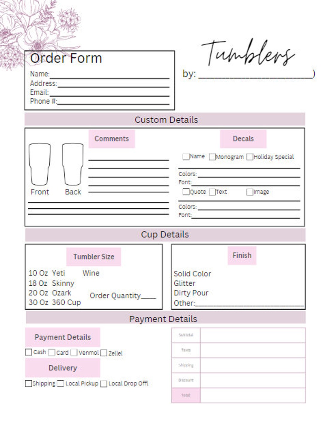 Custom Tumbler Order Form Tumbler Orders Form Drink Form Etsy