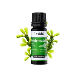 Può includere: Una piccola bottiglia di vetro marrone scuro con un tappo nero. La bottiglia è etichettata "Casida" e "Fichtennadeloel" con il testo "Abies Sibirica" e "100% naturrein". La bottiglia è circondata da rami di abete verde.