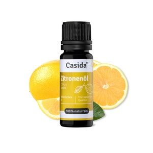 Könnte beinhalten: Eine dunkelbraune Glasflasche mit schwarzem Verschluss und gelbem Etikett. Das Etikett trägt die Aufschrift "Casida® Zitronenöl Citrus Lemon Ätherisches Öl Therapeutische Qualität 100% naturrein". Die Flasche ist von Zitronenscheiben umgeben.