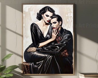 Vampire Couple, Vampire Poster, Gothic Romance, Gothic Art Print, Dracula, Halloween Decor, Oil Painting Print, Vintage Portrait, Goth Decor