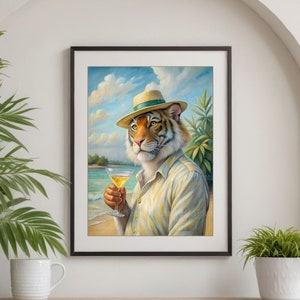 Retro Bahama Tiger Cocktail Wall Art, Trendy Mid Century Modern Bar Cart Decor,Colorful Dining Room Print,Retro Kitchen Decor,Martini Poster