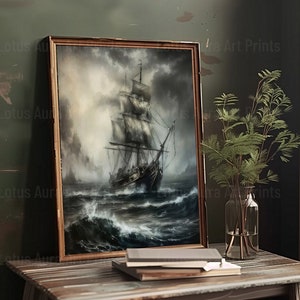 Ship In Stormy Sea, Coastal & Ocean Aesthetic, Dark Academia Decor, Nautical Wall Art, Vintage Seascape Print,Moody Antique Art,Maritime Art