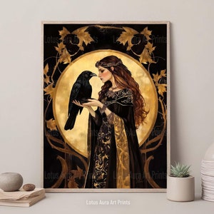 Call Of Morrigan Goddess Print,Art Nouveau Wicca Wall Hanging,Irish Mythology,Witchcraft Print,Coquette Room Decor,Dark Academia,Black Gold