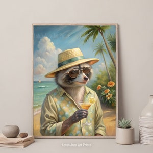 Retro Raccoon Cocktail Print, Trendy Modern Bar Cart Decor,Funny Vintage Wall Art,Cute Antique Moody Oil Painting,Colorful Dining Room Print