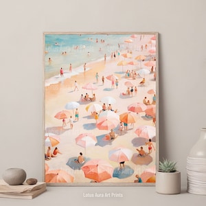 Retro Beach Painting, Minimalist Pastel Art, Pastel Pink Coastal Decor, Boho Apartment, Girly Aesthetic Room Decor,Vintage Bathroom Wall Art