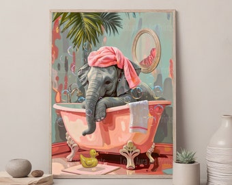 Elephant in Bathtub Bathroom Print, Maximalist Wall Art,Eclectic Decorations,Tropical Jungle Home Decor,Housewarming Gifts,Dopamine Art