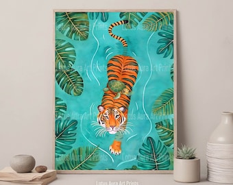 Tiger Swimming Art Print, Rainforest Artwork, Illustrated Animals, Animal Wall Art, Tigers Poster, Tropical Wall Decor, Jungle Painting