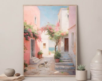 Retro European Town Print, Pastel Pink Aesthetic Room Decor,Vintage Coastal Painting,Maximalist Decor,Pink And Beige Wedding Honeymoon Gift
