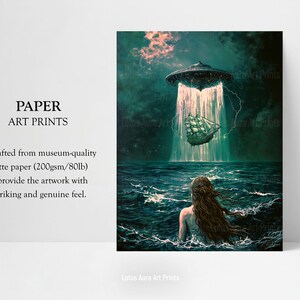 Maximalist Gaming Room Art,altered oil painting,mermaid aesthetic,down bad art,spaceship painting,alien abduction,gaming room art,Dark Rustic Mermaid And UFO Wall Art Print,Coastal Ocean Aesthetic,Nautical Dark Academia Decor,Vintage Seascape