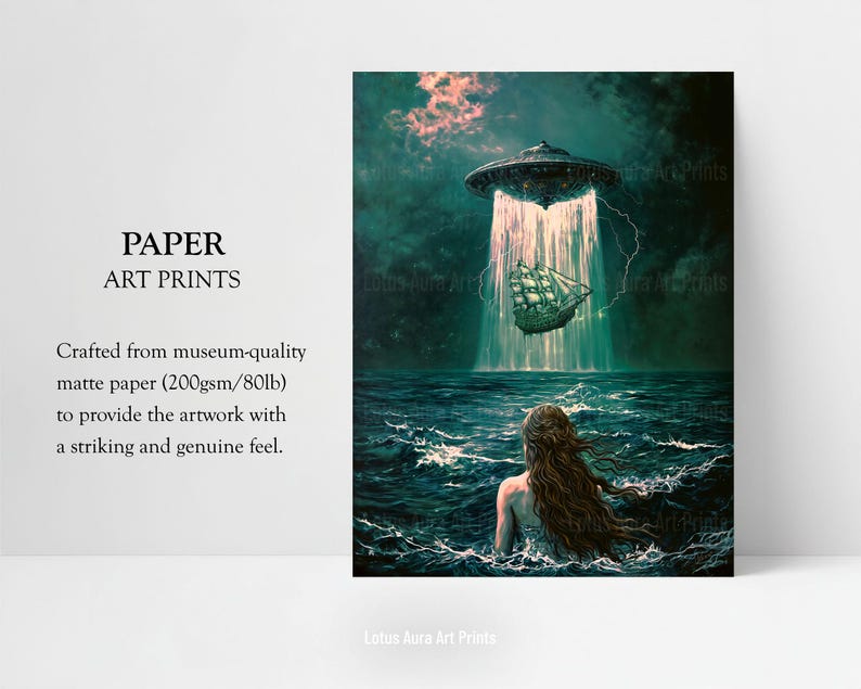 Maximalist Gaming Room Art,altered oil painting,mermaid aesthetic,down bad art,spaceship painting,alien abduction,gaming room art,Dark Rustic Mermaid And UFO Wall Art Print,Coastal Ocean Aesthetic,Nautical Dark Academia Decor,Vintage Seascape