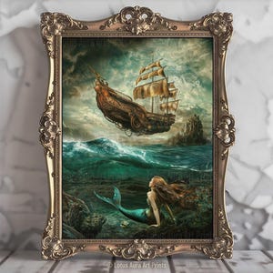 Dark Rustic Mermaid Painting, Greenhouse Art Print, Coastal & Ocean Aesthetic, Nautical Wall Art, Baroque Siren Painting, Art Poster Print