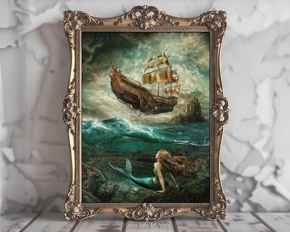 Dark Rustic Mermaid Painting, Greenhouse Art Print, Coastal & Ocean Aesthetic, Nautical Wall Art, Baroque Siren Painting, Art Poster Print