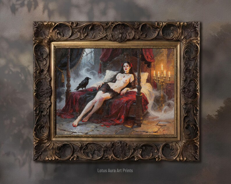 vampire bride,bride of dracula,femme fatale,gothic fairy tale,gothic romantasy,dark gothic vampire,gothic occult art,dark academia,gothic mythology,vampire couple print,dark book lover gift,edgar allen poe art, moody raven wall art,sorcellerie,sex magick,Vampire's Bride,Bride Of Dracula Print,Gothic Romantasy Femme Fatale Art, Occult Vampire Bedroom Oil Painting,Dark Book Lover Decor,Vampire Couple Gift,mature content,vampire legends