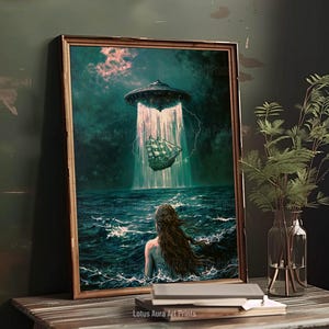 altered oil painting,mermaid aesthetic,down bad art,spaceship painting,alien abduction,gaming room art,Dark Rustic Mermaid And UFO Wall Art Print,Coastal Ocean Aesthetic,Nautical Dark Academia Decor,Vintage Seascape,Maximalist Gaming Room Art