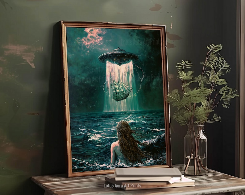 altered oil painting,mermaid aesthetic,down bad art,spaceship painting,alien abduction,gaming room art,Dark Rustic Mermaid And UFO Wall Art Print,Coastal Ocean Aesthetic,Nautical Dark Academia Decor,Vintage Seascape,Maximalist Gaming Room Art
