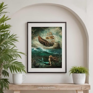 Art Poster Print,mermaid aesthetic,goblincore art,light academia print,mermaidcore,cottagecore poster,fairycore,french aesthetic,Dark Rustic Mermaid Painting,Greenhouse Art Print,Coastal Ocean Aesthetic,Nautical Wall Art,Baroque Siren Painting