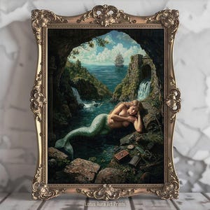 Dark Rustic Mermaid Painting,Greenhouse Art Print,Coastal & Ocean Aesthetic,Siren Painting,Baroque Nautical Wall Art,Light Academia Gift