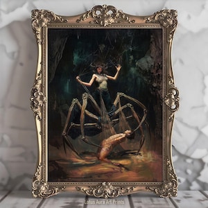 May include: A framed painting depicting a woman with long dark hair, wearing a white dress, standing on a large spider with a web. The woman is holding a web in her hand. The painting is set against a dark background with a cave-like setting.