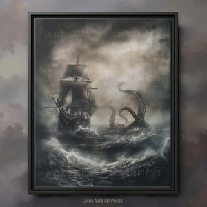 Lure Of The Kraken Framed Canvas Print, Coastal & Ocean Aesthetic, Dark Academia Decor, Nautical Wall Art,Vintage Seascape,Moody Antique Art