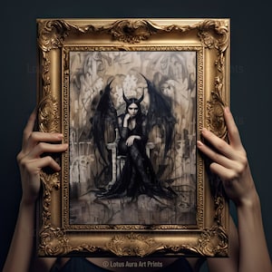 Impression du diable Lilith assise sur le trône, art sombre vintage démon, affiche occulte, démon gothique, sorcellerie, impression de sorcière, art wicca, art païen