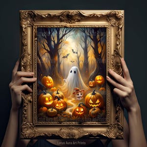 Ghost Cat And Jack O Lanterns Print, Ghost Painting, Gothic Halloween Decoration, Dark Academia, Haunting Ghost,Art Poster Print,Witch Gifts