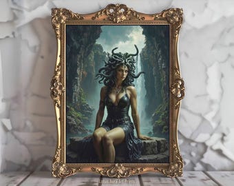 May include: A framed print of a woman with snakes for hair, she is wearing a black dress and is sitting on a rock. The background is a dark green forest.
