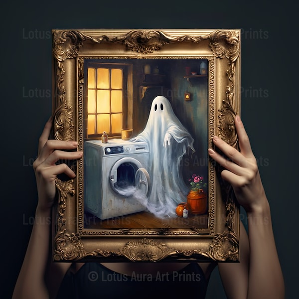 Gouache Painting, Ghost Doing Laundry, Dark Romantic Ghost, Ghost Laundry Print, Ghost Spooky Decor Wall Art Halloween JPG, Dark Academia