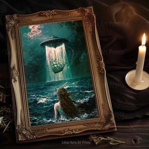 down bad art,spaceship painting,alien abduction,gaming room art,Dark Rustic Mermaid And UFO Wall Art Print,Coastal Ocean Aesthetic,Nautical Dark Academia Decor,Vintage Seascape,Maximalist Gaming Room Art,altered oil painting,mermaid aesthetic