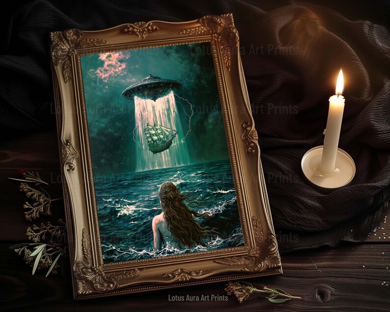 down bad art,spaceship painting,alien abduction,gaming room art,Dark Rustic Mermaid And UFO Wall Art Print,Coastal Ocean Aesthetic,Nautical Dark Academia Decor,Vintage Seascape,Maximalist Gaming Room Art,altered oil painting,mermaid aesthetic