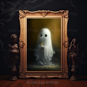 Ghost Holding Flower Poster, Sheeted Ghost Art Print, Ghost Painting,Halloween Ghost Gothic Printable,Abandoned Art,Dark Academia Decor Gift