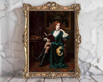Courtly Reading,Regal Victorian Woman Librariancore Print,Bookish Decor Dark Academia Wall Art,Gothic Reading Nook Art,Wicca Book Lover Gift