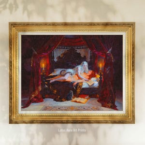 Dracula's Bride Print,Gothic Romantasy Femme Fatale Art,Occult Vampire Bedroom Oil Painting,Vampire Couple Gift,Letters Of Crimson Vow,mature content,vampire bride,vampire couple print,vampire legends,dark book lover gift,bride of dracula,dark gothic vampire,femme fatale,gothic fairy tale,gothic mythology,gothic romantasy,gothic occult art,succubus