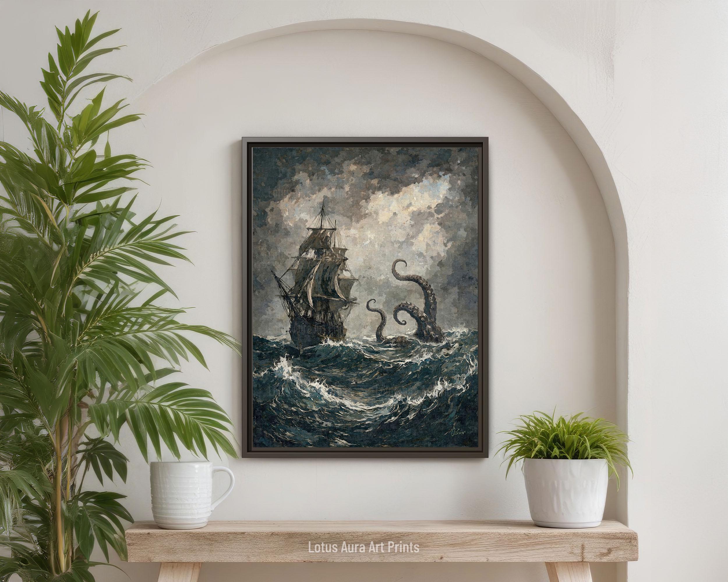 Lure of the Kraken Revised Framed Canvas Print,gothic Pirate Ship