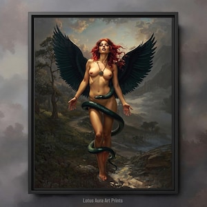 Fallen Angel Lilith Demon Queen Framed Canvas Print,Gothic Dark Academia Vintage Oil Painting, Occult Pagan Art Gift, Witchy Home Decor