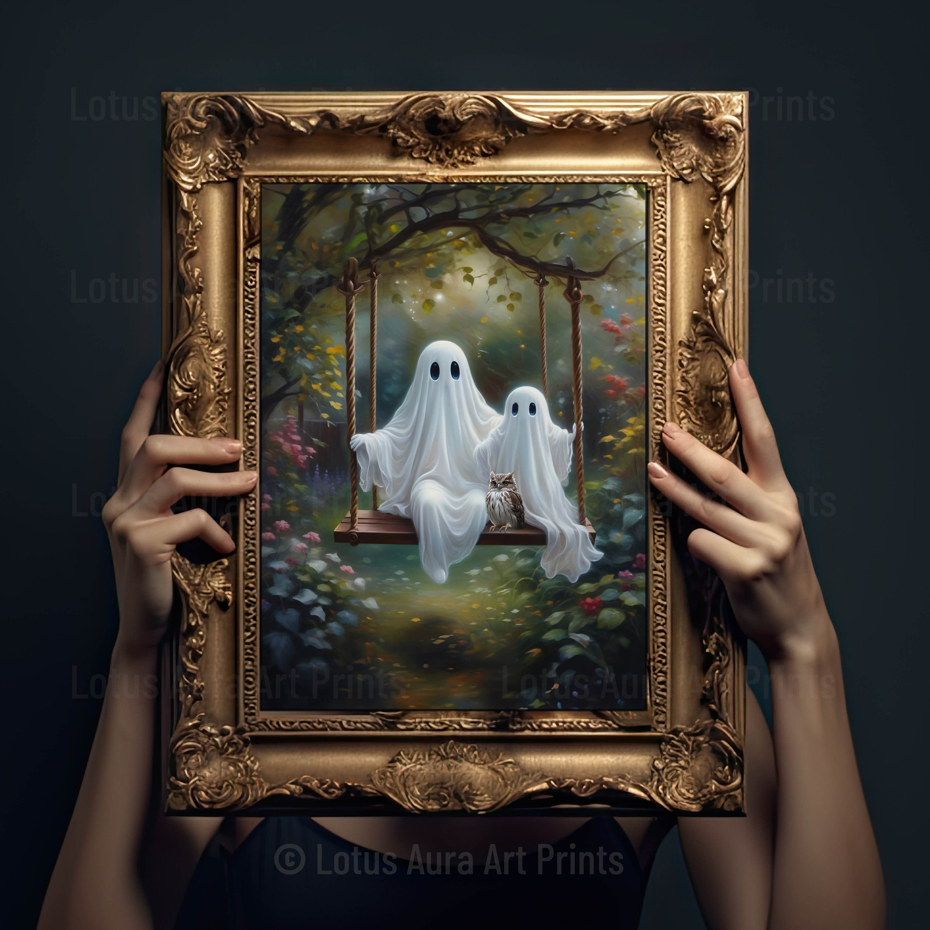 Ghost Wall Art, Ghosts On A Swing, Ghost Friends, Dark Academia Wall Art, Vintage Ghost Painting, Printable Download, Gothic Wall Art Print
