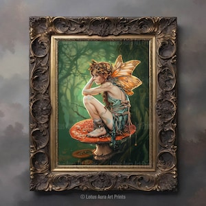 Whimsical Fairy Art Print, Fantasy Cottagecore Picture, Golden Fae Poster, Nature Wall Decor, Pixie Faerie, Folklore Sprite, &#39;Left Behind&#39;