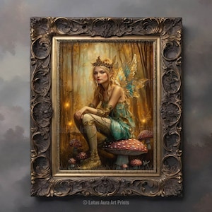 Whimsical Fairy Art Print, &#39;Shadows Depart&#39;, Fantasy Cottagecore Picture, Golden Fae Poster, Nature Wall Decor, Pixie Faerie,Folklore Sprite