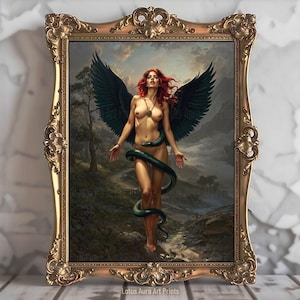 Fallen Angel Lilith Demon Queen Print, Gothic Dark Academia Vintage Oil Painting, Occult Pagan Art Gift, Witchy Home Decor, Art Poster Print