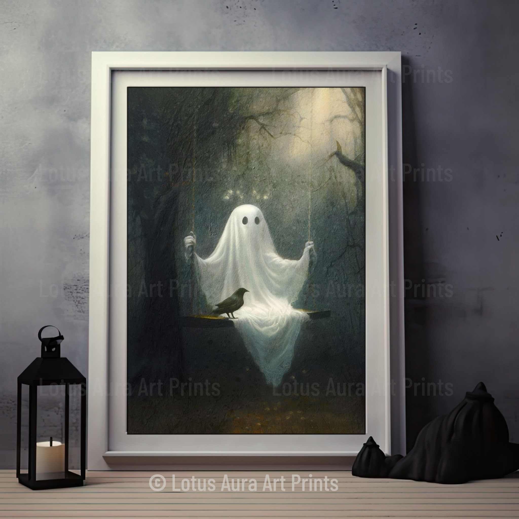 Ghost on A Swing Poster, Sheeted Ghost Art Print, Halloween Ghost ...