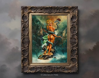 May include: A framed painting of a woman with long blonde hair standing in a jungle setting. She is wrapped around by a large green snake. The painting is set against a background of green foliage and a cloudy sky.